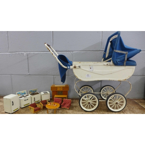 983 - A child's pram and a collection of dolls house furniture **PLEASE NOTE THIS LOT IS NOT ELIGIBLE FOR ... 