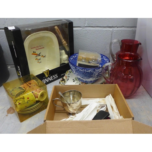 988 - Two cranberry glass jugs, Myott dish, Guinness Ultimate Pie set, plated vase, etc. **PLEASE NOTE THI... 