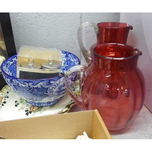 988 - Two cranberry glass jugs, Myott dish, Guinness Ultimate Pie set, plated vase, etc. **PLEASE NOTE THI... 