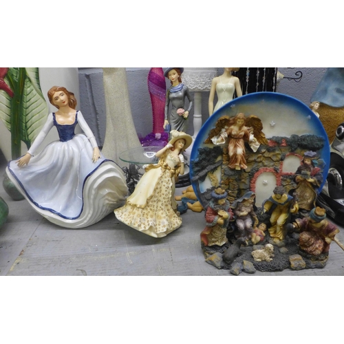 995 - A large model of Peter Rabbit, a collection of glass vases, brass jars, assorted figures including L... 