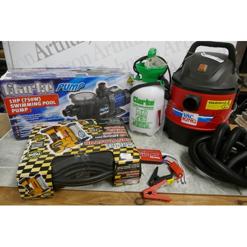 2383 - 5 Assorted Clarke returned items: a Clarke Pump 1hp 750w swimming pool pump, a Clarke jump start mic... 