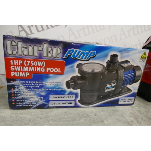 2383 - 5 Assorted Clarke returned items: a Clarke Pump 1hp 750w swimming pool pump, a Clarke jump start mic... 