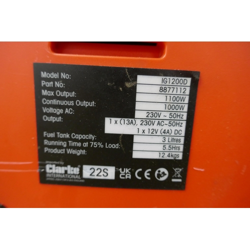 2389 - A Clarke Power 1100w inverter generator (IG1200D) (7780) * this lot is subject to VAT - sold as scra... 