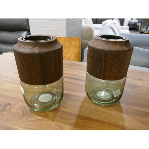 1370 - A pair of Sage glass vases with wood accents