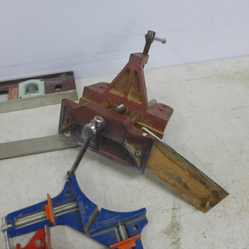 2007 - Three F-clamps, an  A & B engineer's vice, four 90º corner clamps, a set of vintage woodworking sash... 