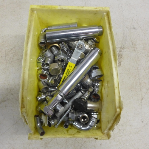 2014 - 3 Boxes of assorted plumbing fittings including stainless steel, brass and plastic fittings