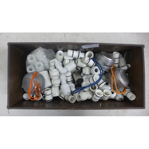 2014 - 3 Boxes of assorted plumbing fittings including stainless steel, brass and plastic fittings