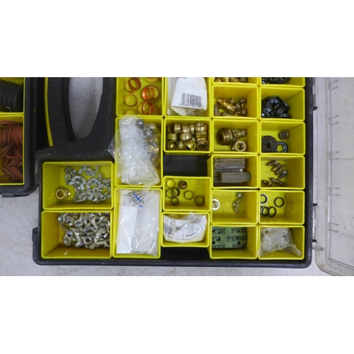 2019 - 3 Stanley tool organizers of assorted plumbing consumables including brass compression olives, screw... 