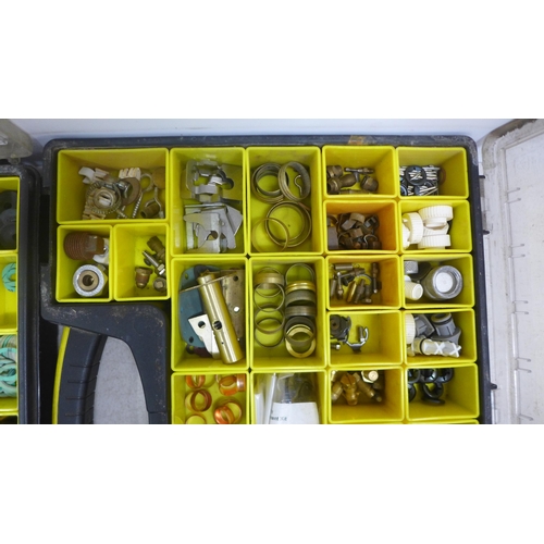 2019 - 3 Stanley tool organizers of assorted plumbing consumables including brass compression olives, screw... 