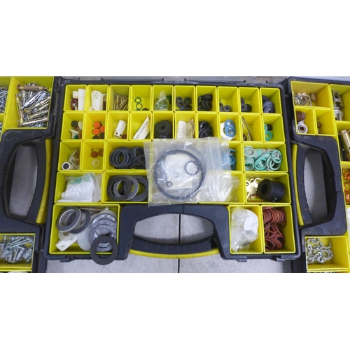 2019 - 3 Stanley tool organizers of assorted plumbing consumables including brass compression olives, screw... 