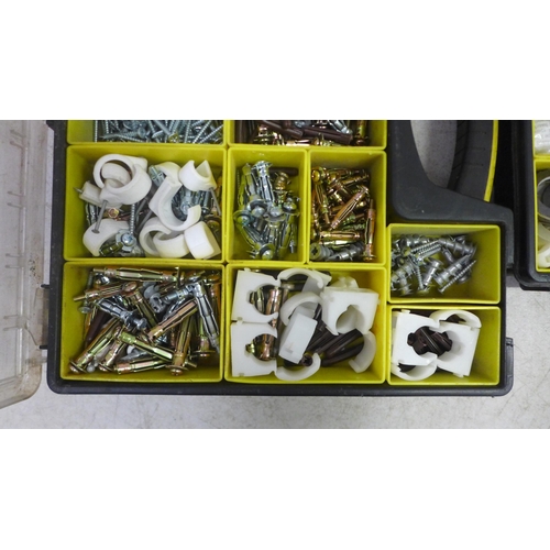 2019 - 3 Stanley tool organizers of assorted plumbing consumables including brass compression olives, screw... 