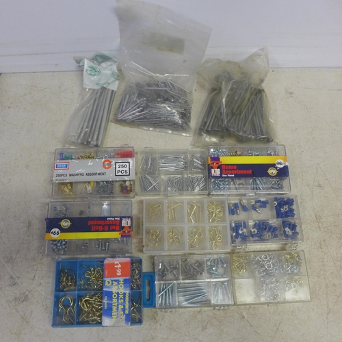 2040 - A large quantity of mixed consumables including wire nails, nuts, washers, assorted screws, pins, ha... 