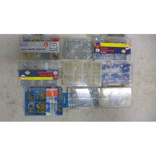 2040 - A large quantity of mixed consumables including wire nails, nuts, washers, assorted screws, pins, ha... 