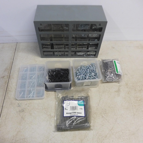 2040 - A large quantity of mixed consumables including wire nails, nuts, washers, assorted screws, pins, ha... 