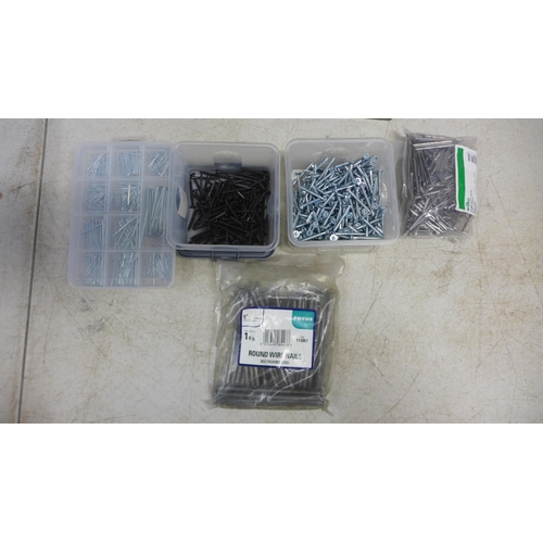 2040 - A large quantity of mixed consumables including wire nails, nuts, washers, assorted screws, pins, ha... 