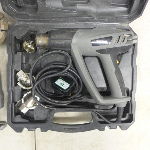 2044 - A Titan heat gun, Erbauer 710w jigsaw (ERB389JSW) and a Bosch GWS 550 angle grinder