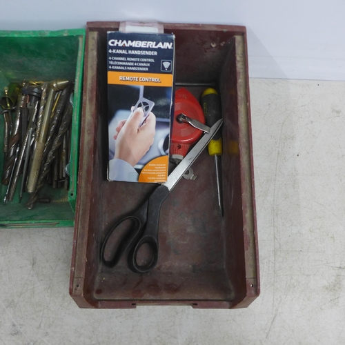 2045 - 3 plastic tool organisers with a quantity of tools including Irwin Marples and Stanley chisels, dril... 