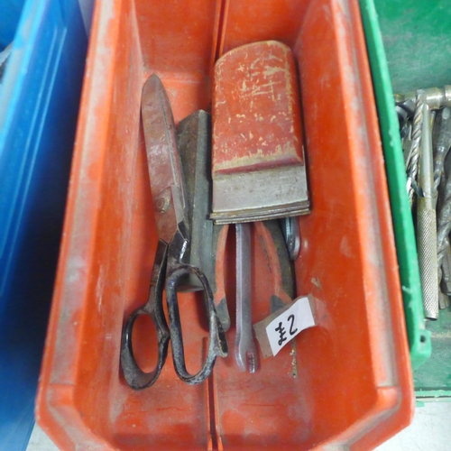 2045 - 3 plastic tool organisers with a quantity of tools including Irwin Marples and Stanley chisels, dril... 