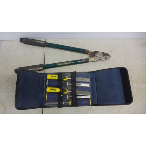 2045 - 3 plastic tool organisers with a quantity of tools including Irwin Marples and Stanley chisels, dril... 