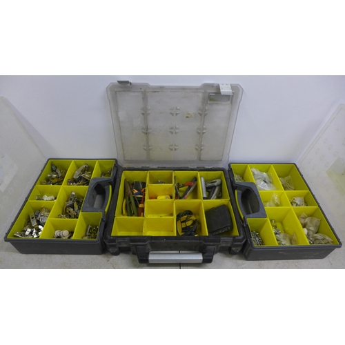 2045 - 3 plastic tool organisers with a quantity of tools including Irwin Marples and Stanley chisels, dril... 