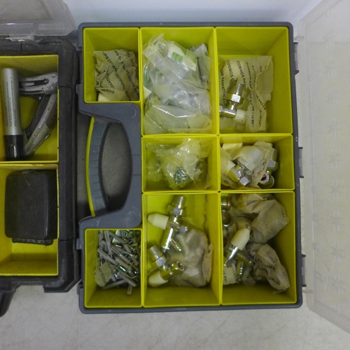 2045 - 3 plastic tool organisers with a quantity of tools including Irwin Marples and Stanley chisels, dril... 