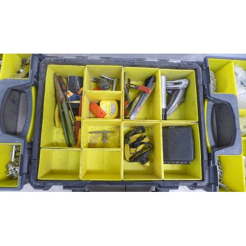 2045 - 3 plastic tool organisers with a quantity of tools including Irwin Marples and Stanley chisels, dril... 