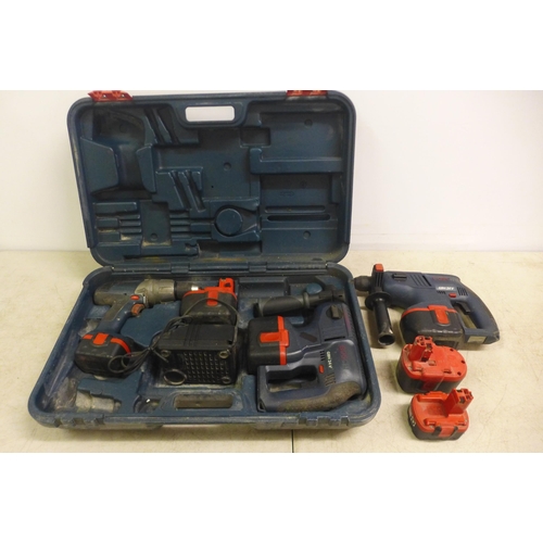 2053 - 2 Boschhammer GBH 24v hammer drills with 4 batteries and a Bosch GSB 14.4v VE-2 Pro with 2 batteries... 