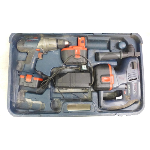 2053 - 2 Boschhammer GBH 24v hammer drills with 4 batteries and a Bosch GSB 14.4v VE-2 Pro with 2 batteries... 