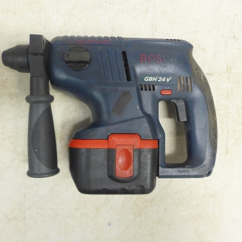 2053 - 2 Boschhammer GBH 24v hammer drills with 4 batteries and a Bosch GSB 14.4v VE-2 Pro with 2 batteries... 