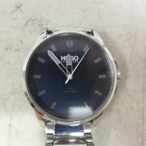 2099 - A men's Hugo Boss black dial silver stainless steel bracelet wristwatch, a men's Armani Exchange bla... 