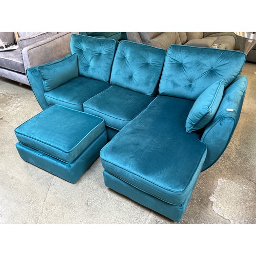 1495 - Turquoise velvet Hoxton L shaped sofa and footstool - damaged