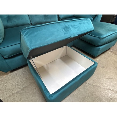 1495 - Turquoise velvet Hoxton L shaped sofa and footstool - damaged