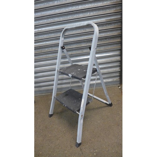 2185 - A set of aluminium stepladders, a set of 4-rung safety steps, a set of 2 rung steps and a folding st... 