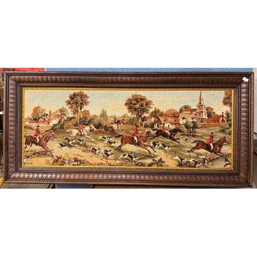 351 - A large fox hunting tapestry, framed