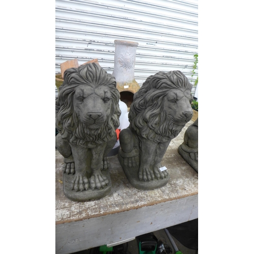 2204 - A pair of stone effect concrete lion ornaments - approximately 23