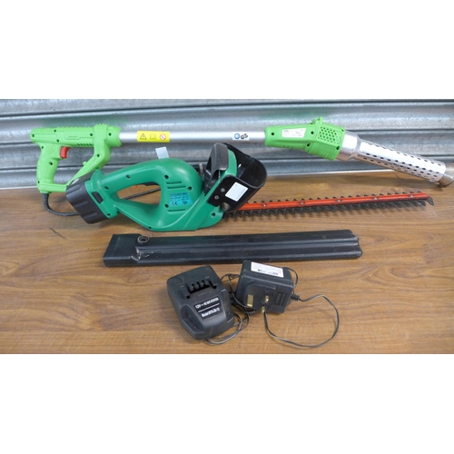 2213 - An Eckman MOE-2ZD-460 cordless hedge trimmer with a 12v battery and charger and a Florabest FUV2000A... 