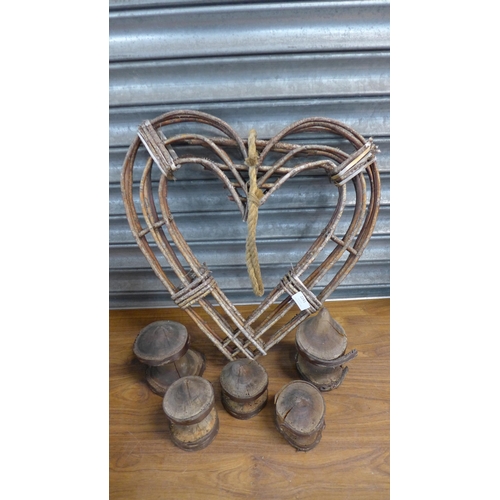 2241 - A selection of wooden and wicker garden ornaments and other items including heart shaped wall hanger... 