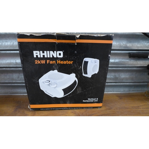 2279 - A Rhino 1kw-2kw fan heater, a Boss 2 kw fan heater and two 240v inspection lamps