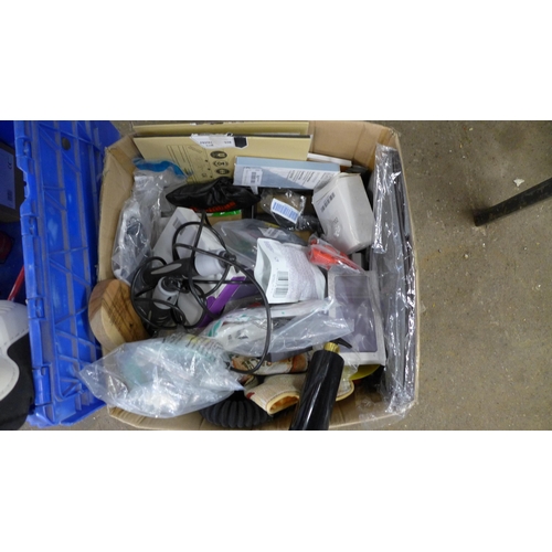 2306 - 2 Boxes of assorted miscellaneous items including lights, guillotine, filters, double action hand pu... 