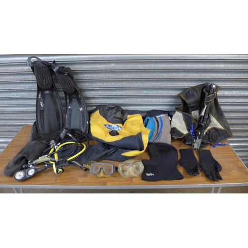 2325 - 3 Boxes of assorted diving equipment including clothing, regulators, flippers, etc.