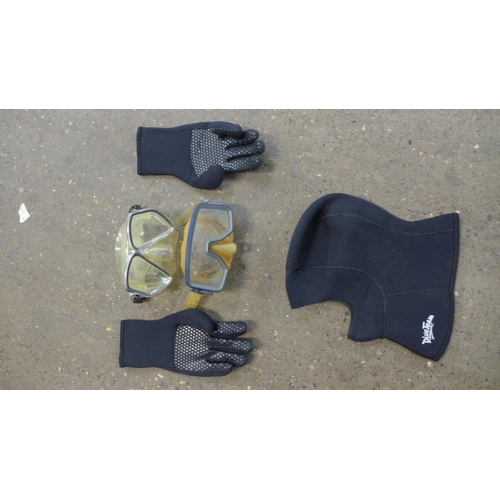 2325 - 3 Boxes of assorted diving equipment including clothing, regulators, flippers, etc.