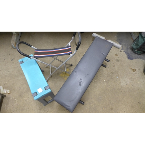 2341 - A Hozelock kneeling stool, a folding stool and a folding exercise bench