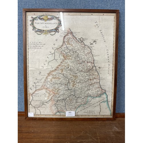 369 - A 17th Century Robert Morden engraved map of Northumberland, framed