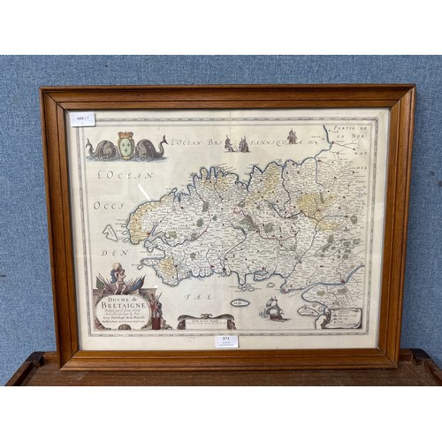 371 - A 17th Century engraved map of Brittany, framed