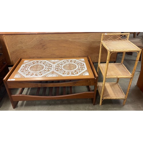 113 - A teak and tiled topped coffee table and a bamboo and rattan three tier whatnot