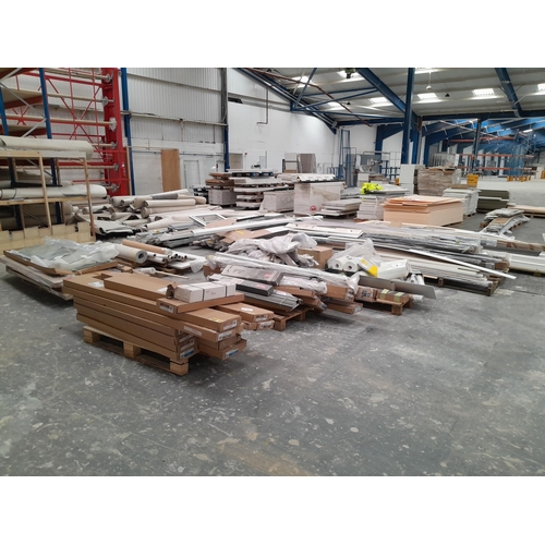 10 - Eleven pallets of MDF skirting boards and cornices, UPVC guttering, Venetian blinds, Roman blinds, s... 