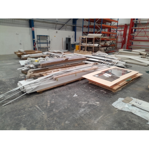 10 - Eleven pallets of MDF skirting boards and cornices, UPVC guttering, Venetian blinds, Roman blinds, s... 