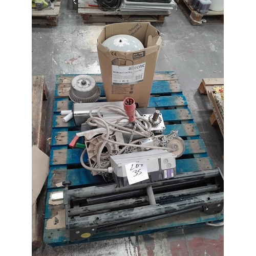 35 - Two 3-phase winches (untested) and a mitre saw stand. Items will be sold in situ at Wellingborough, ... 