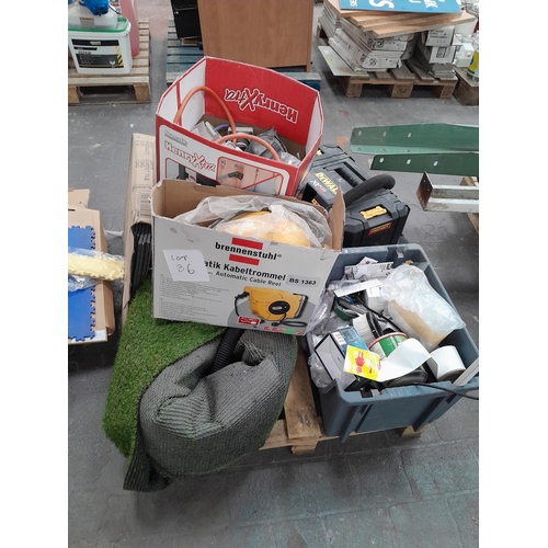 36 - Two pallets with a quantity of interlocking floor tiles, sockets, cable reels and other facilities i... 