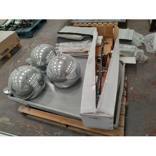 37 - Three chrome ceiling lights and one other LED ceiling light. Lot will be sold in situ at Wellingboro... 